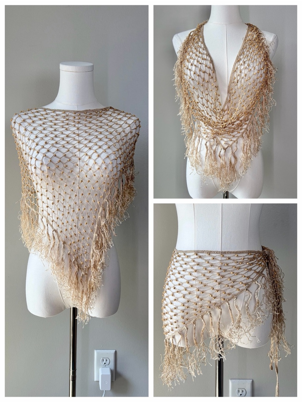 Boho Wooden Beaded Crochet Fringe Net Wrap Convertible Shawl Hip Scarf Festival - Picture 1 of 13
